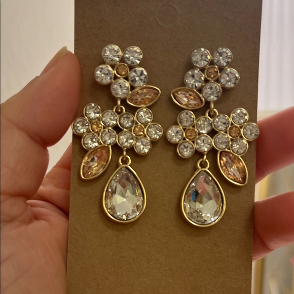 Jewelry - Gold-Tone Crystal Floral Drop Earrings with Clear and Champagne Stones